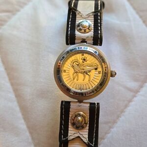 L.A.M.B. x Gwen Stefani Leather & Silver Coin Dial Rocker Quartz Watch